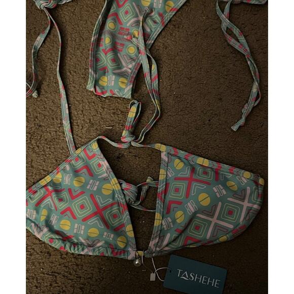 TASHEHE String Bikini High Leg Cut/Triangle Removable Pads Geometric Size S - Picture 3 of 14